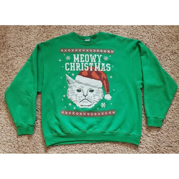 Other - Meowy Christmas Cat‎ Ugly Sweatshirt Unisex Crewneck Size 2XL Green Santa Hat